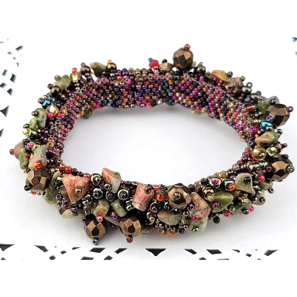 Chunky Tumbled Jasper Chip Iridized Pink Black Purple Micro Bead 7" Bracelet - Picture 6 of 12